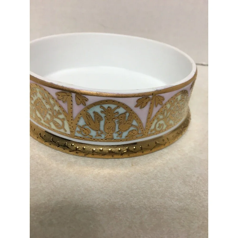 Vintage Fine Porcelain Gold Multi Color Victorian Couple Round Trinket Box 4.5